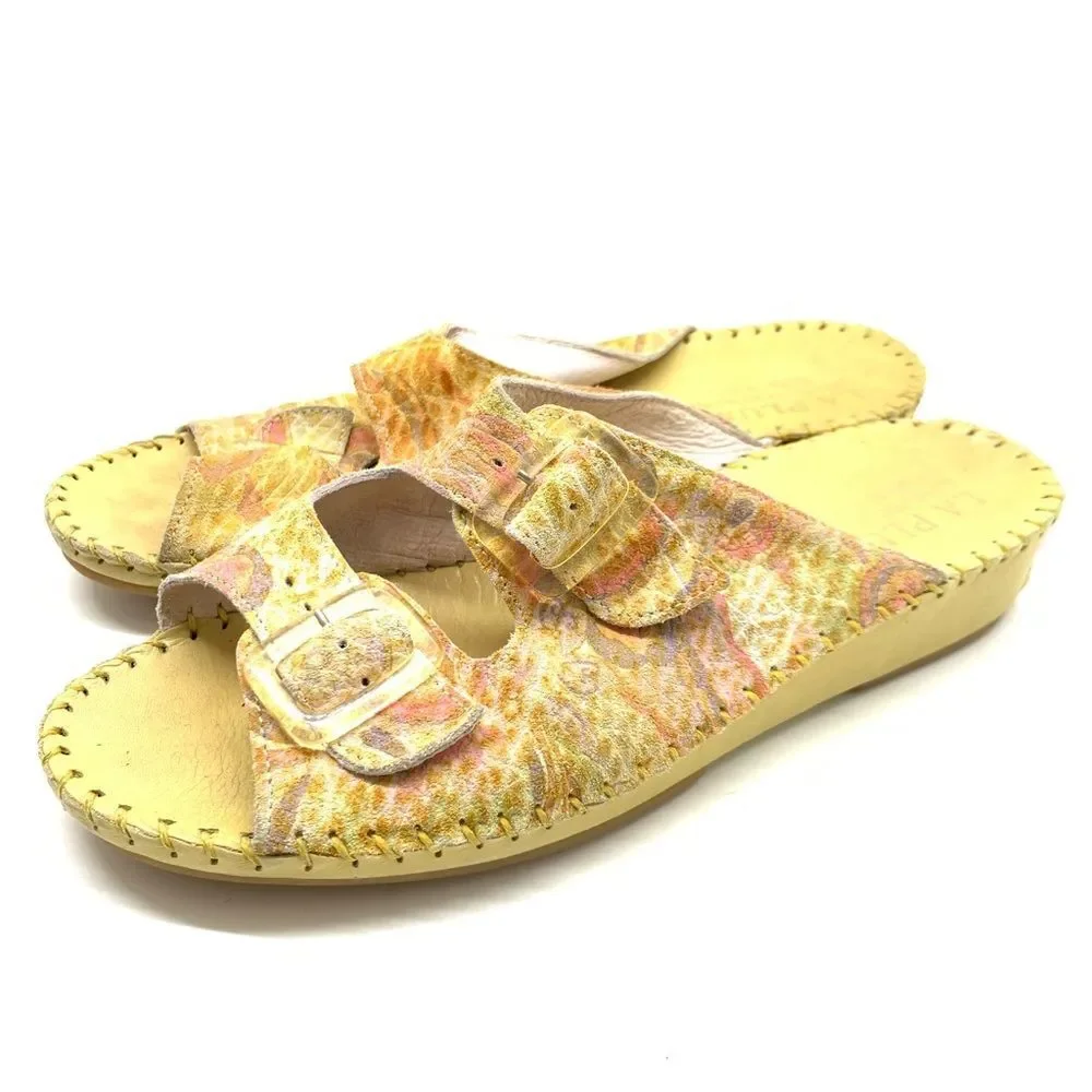 La Plume Floral Leather Yellow Slip on  Made in Italy Sandals Size 9 EUR 40 - Picture 6 of 13